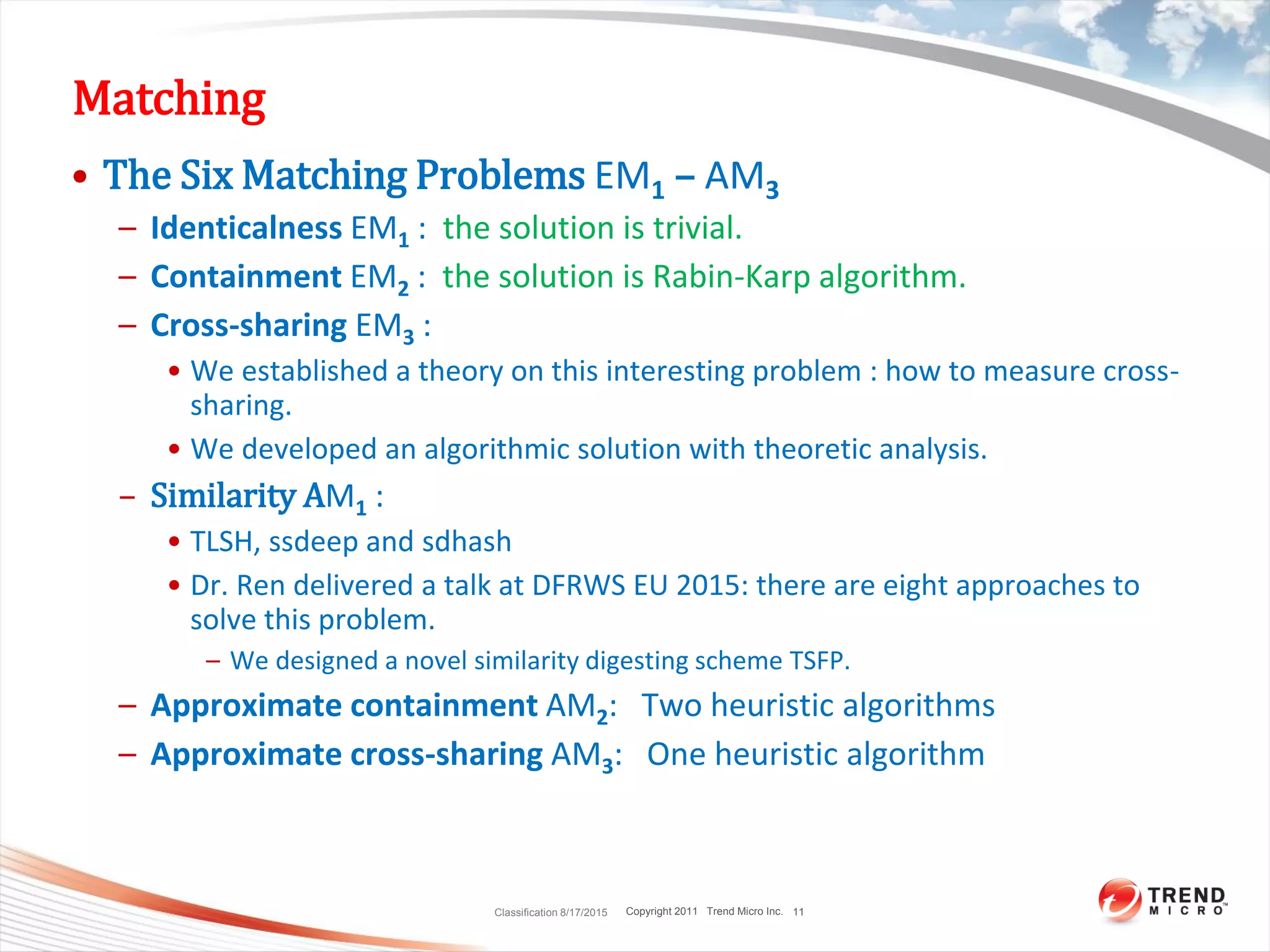 Copyright 2011 Trend Micro Inc.
Matching
• The Six Matching Problems EM1 – AM3
– Identicalness EM1 : the solution is trivial.
– Containment EM2 : the solution is Rabin-Karp algorithm.
– Cross-sharing EM3 :
• We established a theory on this interesting problem : how to measure cross-
sharing.
• We developed an algorithmic solution with theoretic analysis.
– Similarity AM1 :
• TLSH, ssdeep and sdhash
• Dr. Ren delivered a talk at DFRWS EU 2015: there are eight approaches to
solve this problem.
– We designed a novel similarity digesting scheme TSFP.
– Approximate containment AM2: Two heuristic algorithms
– Approximate cross-sharing AM3: One heuristic algorithm
Classification 8/17/2015 11
 