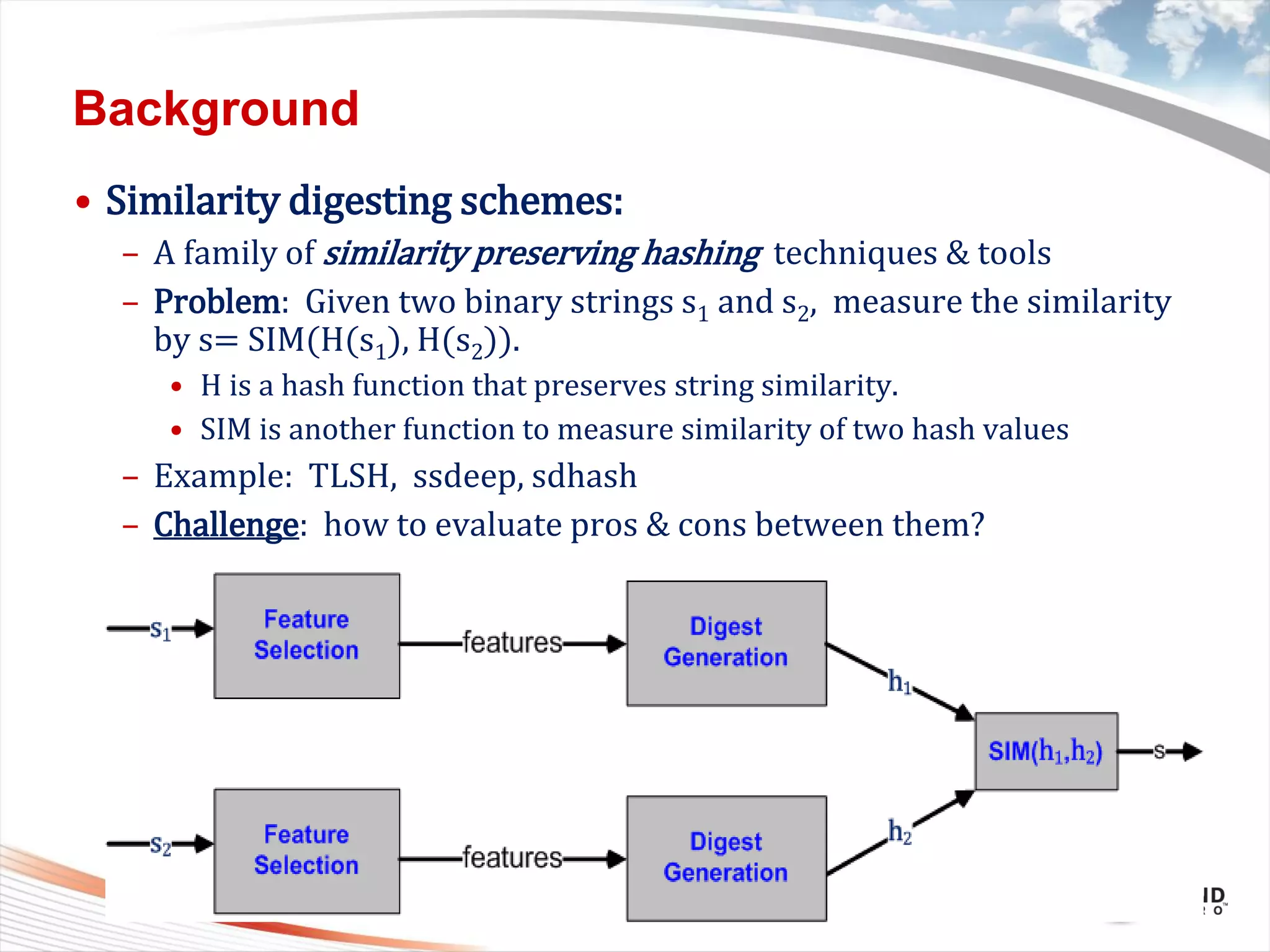 Copyright 2011 Trend Micro Inc.
Background
• Similarity digesting schemes:
– A family of similarity preserving hashing techniques & tools
– Problem: Given two binary strings s1 and s2, measure the similarity
by s= SIM(H(s1), H(s2)).
• H is a hash function that preserves string similarity.
• SIM is another function to measure similarity of two hash values
– Example: TLSH, ssdeep, sdhash
– Challenge: how to evaluate pros & cons between them?
Classification 8/17/2015 20
 