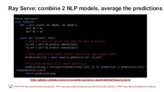 Recordings: https://youtube.datascienceonaws.com Book: https://www.amazon.com/Data-Science-AWS-End-End/dp/1492079391/ GitHub: https://github.com/data-science-on-aws/
Ray Serve: combine 2 NLP models, average the predictions
28
https://github.com/data-science-on-aws/data-science-on-aws/tree/5b5ed1a/wip/ray/serve
 