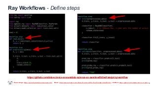 Recordings: https://youtube.datascienceonaws.com Book: https://www.amazon.com/Data-Science-AWS-End-End/dp/1492079391/ GitHub: https://github.com/data-science-on-aws/
Ray Workflows - Define steps
34
https://github.com/data-science-on-aws/data-science-on-aws/tree/5b5ed1a/wip/ray/workflow
 
