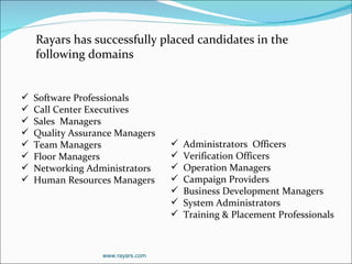 Rayars has successfully placed candidates in the following domains Software Professionals  Call Center Executives Sales  Managers Quality Assurance Managers  Team Managers Floor Managers  Networking Administrators Human Resources Managers Administrators  Officers  Verification Officers  Operation Managers Campaign Providers Business Development Managers System Administrators Training & Placement Professionals  www.rayars.com 
