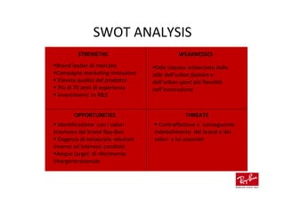 SWOT ANALYSIS
          STRENGTHS                             WEAKNESSES
 Brand leader di mercato              Stile classico schiacciato dallo
 Campagne marketing innovative       stile dell’urban fashion e
 Elevata qualità del prodotto        dell’urban sport più flessibili
 Più di 70 anni di esperienza        nell’innovazione
 Investimenti in R&S


        OPPORTUNITIES                              THREATS
  Identificazione con i valori         Contraffazione e conseguente
trasmessi dal brand Ray-Ban          indebolimento del brand e dei
  Esigenza di instaurare relazioni   valori a lui associati
intorno ad interessi condivisi
 Ampio target di riferimento
intergenerazionale
 