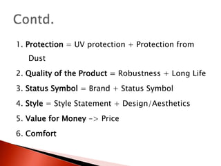 Factor AnalysisExploratory study gave us the following variables pertaining to the brandDesign/AestheticsU.V ProtectionPriceRobustnessBrandComfortStyle StatementStatus SymbolLong LifeProtection from Dust