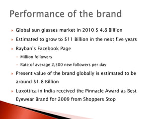 Global sun glasses market in 2010 $ 4.8 Billion Estimated to grow to $11 Billion in the next five yearsRayban’sFacebookPage Million followersRate of average 2,300 new followers per dayPresent value of the brand globally is estimated to be around $1.8 BillionLuxottica in India received the Pinnacle Award as Best Eyewear Brand for 2009 from Shoppers StopPerformance of the brand