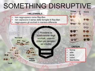 SOMETHING DISRUPTIVE
• non raggruppano come Ray-Ban
• non capiscono il senso delle famiglie di Ray-Ban
• raggruppano gli occhiali in maniera differente
I MILLENNIALS…
• forma
• stile
• lente
• colori
• like/dislike
CRITERI
Doppia
asticella
Tondi
Non tondi
Vintage Goccia
Rivedere la
suddivisione degli
occhiali, usando
criteri più semplici
ed intuitivi
 