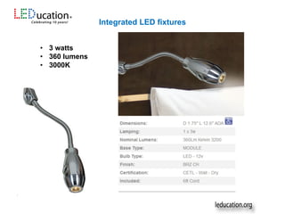 • 3 watts
• 360 lumens
• 3000K
Integrated LED fixtures
 