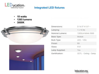 • 10 watts
• 1265 lumens
• 3000K
Integrated LED fixtures
 