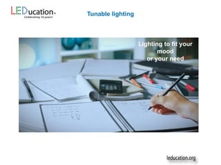Lighting to fit your mood
or your need
Lighting to fit your
mood
or your need
Tunable lighting
 
