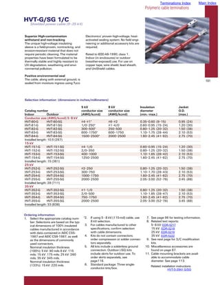Terminations Index           Main Index
                                                                                             Polymeric cable terminations

HVT-G/SG 1/C
    Shielded power cable (5–35 kV)


Superior High-contamination                    Electronics’ proven high-voltage, heat-
withstand and non-tracking                     activated sealing system. No field engi-
The unique high-voltage insulating             neering or additional accessory kits are
sleeve is a field-proven, nontracking, and     required.
erosion-resistant material that does not
require periodic cleaning. The material        Rated to IEEE-48-1990, class 1.
properties have been formulated to be          Indoor (in enclosures) or outdoor
thermally stable and highly resistant to       (weather-exposed) use. For use on
UV degradation, weathering and envi-           copper tape, wire shield, lead sheath,
ronmental pollution.                           and UniShield cables.

Positive environmental seal
The cable, along with external ground, is                                                                                               101
sealed from moisture ingress using Tyco




Selection information (dimensions in inches/millimeters)

                                             5 kV                8 kV                     Insulation                   Jacket
Catalog number                               conductor size      conductor size           diameter                     O.D.
Indoor           Outdoor                     (AWG/kcmil)         (AWG/kcmil)              (min.–max.)                  (max.)
Conductor size (AWG/kcmil) 5–8 kV
HVT-80-G         HVT-80-SG                   #4–#1*              #6–#2                    0.35–0.60   (9–15)           0.95   (24)
HVT-81-G         HVT-81-SG                   1/0–250*            #1–4/0                   0.60–0.95   (15–24)          1.20   (30)
HVT-82-G         HVT-82-SG                   300–500*            250–500                  0.80–1.25   (20–32)          1.50   (38)
HVT-83-G         HVT-83-SG                   600–1750*           600–1750                 1.10–1.75   (28–44)          2.10   (53)
HVT-84-G         HVT-84-SG                   1500–2500*          2000–2500                1.60–2.45   (41–62)          2.75   (70)
Installed length: 10.5 (267)
15 kV
HVT-151-G        HVT-151-SG                  #4–1/0                                       0.60–0.95   (15–24)          1.20   (30)
HVT-152-G        HVT-152-SG                  2/0–350                                      0.80–1.25   (20–32)          1.50   (38)
HVT-153-G        HVT-153-SG                  400–1000                                     1.10–1.65   (28–42)          2.10   (53)
HVT-154-G        HVT-154-SG                  1250–2500                                    1.60–2.45   (41–62)          2.75   (70)
Installed length: 15 (381)
25 kV
HVT-252-G        HVT-252-SG                  #2–250                                       0.80–1.25   (20–32)          1.50   (38)
HVT-253-G        HVT-253-SG                  300–750                                      1.10–1.70   (28–43)          2.10   (53)
HVT-254-G        HVT-254-SG                  1000–1750                                    1.60–2.45   (41–62)          2.75   (70)
HVT-255-G        HVT-255-SG                  2000–2500                                    2.05–3.00   (52–76)          3.45   (88)
Installed length: 28 (711)
35 kV
HVT-352-G        HVT-352-SG                  #1–1/0                                       0.80–1.25   (20–32)          1.50   (38)
HVT-353-G        HVT-353-SG                  2/0–500                                      1.10–1.85   (28–47)          2.10   (53)
HVT-354-G        HVT-354-SG                  750–1750                                     1.60–2.45   (41–62)          2.75   (70)
HVT-355-G        HVT-355-SG                  2000–2500                                    2.05–3.00   (52–76)          3.45   (88)
Installed length: 33 (838)


Ordering information
1. Select the appropriate catalog num-        *2.   If using 5 - 8 kV (115-mil) cable, use    7. See page 96 for testing information.
   ber. Selections are based on the typ-            8 kV selection.                           8. Related test reports:
   ical dimensions of 100% insulated           3.   For cables manufactured to other             5–8 kV: EDR-5217
                                                                                                          EDR 5217
   cables manufactured in accordance                specifications, confirm selection            15 kV: EDR 5218
                                                                                                         EDR-5218
   with data contained in AEIC CS5-                 with cable dimensions.                       25 kV: EDR 5219
                                                                                                         EDR-5219
   1987 and AEIC CS6-1987, as well             4.   Kits do not contain connectors;              35 kV: EDR 5222
                                                                                                         EDR-5222
   as the dimensions of commonly                    order compression or solder connec-       9. See next page for 3/C modification
   used connectors.                                 tors separately.                             kits.
   Nominal insulation thickness                5.   All kits include a solderless ground     10. Miscellaneous accessories are
   (100%): 5 kV: 90 mils 8 kV: 115                  connection. Outdoor (-SG) kits               found on page 87.
   mils; 15 kV: 175 mils; 25 kV: 260                include skirts for outdoor use. To       11. Cable mounting brackets are avail-
   mils; 35 kV: 345 mils.                           order skirts separately, see                 able to accommodate cable
   Nominal insulation thickness                     page116.                                     diameter. See page 113.
   (133%): 15 kV: 220 mils.                    6.   Standard package: Three single-
                                                                                                 Related installation instructions
                                                    conductor kits/box.                                       HVT-5-35kV G/SG
 