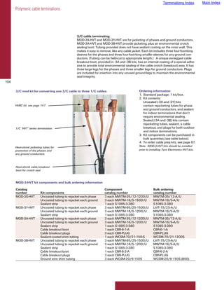 Terminations Index           Main Index
      Polymeric cable terminations




                                                  3/C cable terminating
                                                  MOD-3X-HVT and MOD-3Y-HVT are for jacketing of phases and ground conductors.
                                                  MOD-3A-HVT and MOD-3B-HVT provide jacketing, plus an environmental crotch
                                                  sealing boot. Tubing provided does not have sealant coating on the inner wall. This
                                                  makes it easy to remove, like any cable jacket. Each kit includes three four-foot-long
                                                  sleeves for the phases and three four-foot-long smaller sleeves for any ground con-
                                                  ductors. (Tubing can be field-cut to appropriate length.) A unique six-legged cable
                                                  breakout boot, provided in -3A and -3B kits, has an internal coating of a special adhe-
                                                  sive to provide total environmental sealing of the cable crotch (breakout) area. It has
                                                  three large legs for the phases and three smaller legs for ground conductors. Plugs
                                                  are included for insertion into any unused ground legs to maintain the environmental
                                                  seal integrity.
104

      3/C mod kit for converting one 3/C cable to three 1/C cables.                            Ordering information
                                                                                               1. Standard package: 1 kit/box.
                                                                                               2. Kit contents:
                                                                                                  Unsealed (-3X and -3Y) kits
      HVBC kit, see page 147.                                                                     contain rejacketing tubes for phase
                                                                                                  and ground conductors, and sealant
                                                                                                  for indoor terminations that don’t
                                                                                                  require environmental sealing.
                                                                                                  Sealed (-3A and -3B) kits contain
                                                                                                  rejacketing tubes, sealant, a cable
      1/C “HVT” series termination.                                                               breakout, and plugs for both outdoor
                                                                                                  and indoor terminations.
                                                                                               3. Kit components can be purchased in
                                                                                                  bulk quantities (see table below).
                                                                                               4. To order cable prep kits, see page 87.
      Heat-shrink jacketing tubes for                                                          Note: MOD-3-HVT kits should be installed
      protection of the phases and                                                             prior to installing Tyco Electronics HVT kits.
      any ground conductors.



      Heat-shrink cable breakout
      boot for crotch seal.



      MOD-3-HVT kit components and bulk ordering information

      Catalog                                                         Component                           Bulk ordering
      number              Kit components                              catalog number                      catalog number
      MOD-3X-HVT          Uncoated tubing to rejacket each phase      3 each MWTM-35/12-1200/U            MWTM-35/12-A/U
                          Uncoated tubing to rejacket each ground     3 each MWTM-16/5-1500/U             MWTM-16/5-A/U
                          Sealant strip                               1 each S1085-3-380                  S1085-3-380
      MOD-3Y-HVT          Uncoated tubing to rejacket each phase      3 each MWTM-85/25-1500/U            LVIT-75/25-A/U
                          Uncoated tubing to rejacket each ground     3 each MWTM-16/5-1200/U             MWTM-16/5-A/U
                          Sealant strip                               1 each S1085-3-380                  S1085-3-380
      MOD-3A-HVT          Uncoated tubing to rejacket each phase      3 each MWTM-35/12-1200/U            MWTM-35/12-A/U
                          Uncoated tubing to rejacket each ground     3 each MWTM-16/5-1200/U             MWTM-16/5-A/U
                          Sealant strip                               1 each S1085-3-380                  S1085-3-380
                          Cable breakout boot                         1 each CBR-6-1-A                    CBR-6-1-A
                          Cable breakout plugs                        3 each CBR-PLUG                     CBR-PLUG
                          Sealant-coated shim tubing                  1 each WCSM-70/21-150-S             WCSM-70/21-1200S
      MOD-3B-HVT          Uncoated tubing to rejacket each phase      3 each MWTM-85/25-1500/U            LVIT-75/25-A/U
                          Uncoated tubing to rejacket each ground     3 each MWTM-16/5-1200/U             MWTM-16/5-A/U
                          Sealant strip                               1 each S1085-3-380                  S1085-3-380
                          Cable breakout boot                         1 each CBR-6-2-A                    CBR-6-2-A
                          Cable breakout plugs                        3 each CBR-PLUG                     CBR-PLUG
                          Ground wire shim tubing                     3 each WCSM-20/6-150S               WCSM-20/6-150S (B50)
 