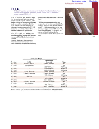 Terminations Index   Main Index
                                                                                             Cold-applied terminations

TFT-E
     1/C cold applied terminations for jacketed and unjacketed con-
     centric neutral cable, shielded power cable, and LC shielded
     power cable (15-35 kV)

TFT-E, TFT-E-G/SG, and TFT-E-SLC tool-            Rated to IEEE-48-1996, class 1 termina-
free termination kits have been devel-            tion.
oped to provide a quick and easy, cold-
applied method of terminating 15-35 kV,           TFT-E accommodates jacketed and
single-core polymeric cables. Both the            unjacketed concentric neutral cable. For
TFT-E and TFT-E-SG are designed for               outdoor or indoor use. TFT-E-G (indoor)
indoor and outdoor conditions. TFT-E-G            and TFT-E-SG (outdoor) kits are for use
kits do not have skirts and should be             on copper tape, wireshield, lead sheath,
used for 15 kV indoor applications.               and Unishield cables. TFT-E-SLC is for
                                                  use on LC shield cables. All offer
TFT-E, TFT-E-G/SG, and TFT-E-SLC kits             advanced Metal Oxide Matrix stress con-
offer the following features and benefits:        trol.
• Advanced Metal Oxide Matrix stress                                                                                          105
  control.
• Positive placement of stress patch.
• Provided on a crush-resistant core.
• Easy installation - allows for repositioning.




                                    Conductor Range
                                                            Termination
Product                        Solid                         Stranded                   Type
TFT-151E                #2AWG - 250kmil                  #2AWG - 4/0AWG                 Pin
TFT-152E                 4/0 / 250kcmil                           -                     Pin
                                -                          350 / 500kcmil             NEMA Lug
TFT-153E                        -                          500 / 750kcmil             NEMA Lug
TFT-154E                        -                         1000/1250kcmil              NEMA Lug
TFT-251E                #1AWG - 3/0AWG                   #1AWG - 3/0AWG                 Pin
TFT-252E               #1AWG / 250kcmil                  #1AWG - 4/0AWG                 Pin
                                -                          350 - 500kcmil             NEMA Lug
TFT-253E                   250kcmil                               -                     Pin
                                -                          350 - 750kcmil             NEMA Lug
TFT-254E                        -                         750 - 1250kcmil             NEMA Lug
TFT-352E               1/0AWG - 250kcmil                 1/0AWG - 4/0AWG                Pin
TFT-353E                 4/0 /250kcmil                            -                     Pin
                                -                          350 - 500kcmil             NEMA Lug
TFT-354E                        -                         500 - 1250kcmil             NEMA Lug

Please contact Tyco Electronics inside sales for more information at 800-327-6996
 