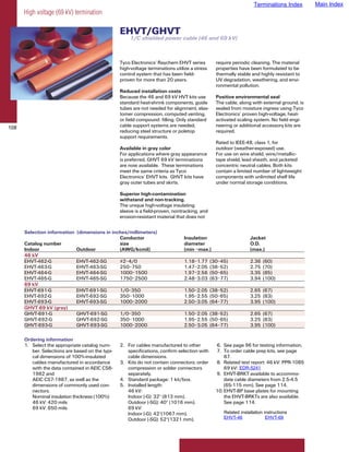 Terminations Index        Main Index
      High voltage (69 kV) termination

                                                  EHVT/GHVT
                                                      1/C shielded power cable (46 and 69 kV)



                                                  Tyco Electronics’ Raychem EHVT series          require periodic cleaning. The material
                                                  high-voltage terminations utilize a stress     properties have been formulated to be
                                                  control system that has been field-            thermally stable and highly resistant to
                                                  proven for more than 20 years.                 UV degradation, weathering, and envi-
                                                                                                 ronmental pollution.
                                                  Reduced installation costs
                                                  Because the 46 and 69 kV HVT kits use          Positive environmental seal
                                                  standard heat-shrink components, guide         The cable, along with external ground, is
                                                  tubes are not needed for alignment, elas-      sealed from moisture ingress using Tyco
                                                  tomer compression, computed venting,           Electronics’ proven high-voltage, heat-
                                                  or field compound filling. Only standard       activated scaling system. No field engi-
108                                               cable support systems are needed,              neering or additional accessory kits are
                                                  reducing steel structure or poletop            required.
                                                  support requirements.
                                                                                                 Rated to IEEE-48, class 1, for
                                                  Available in gray color                        outdoor (weather-exposed) use.
                                                  For applications where gray appearance         For use on wire shield, wire/metallic-
                                                  is preferred, GHVT 69 kV terminations          tape shield, lead sheath, and jacketed
                                                  are now available. These terminations          concentric neutral cables. Both kits
                                                  meet the same criteria as Tyco                 contain a limited number of lightweight
                                                  Electronics’ EHVT kits. GHVT kits have         components with unlimited shelf life
                                                  gray outer tubes and skirts.                   under normal storage conditions.

                                                  Superior high-contamination
                                                  withstand and non-tracking.
                                                  The unique high-voltage insulating
                                                  sleeve is a field-proven, nontracking, and
                                                  erosion-resistant material that does not


      Selection information (dimensions in inches/millimeters)
                                              Conductor                         Insulation                       Jacket
      Catalog number                          size                              diameter                         O.D.
      Indoor                Outdoor           (AWG/kcmil)                       (min –max.)                      (max.)
      46 kV
      EHVT-462-G            EHVT-462-SG       #2–4/0                            1.18–1.77      (30–45)           2.36   (60)
      EHVT-463-G            EHVT-463-SG       250–750                           1.47–2.05      (38–52)           2.75   (70)
      EHVT-464-G            EHVT-464-SG       1000–1500                         1.97–2.56      (50–65)           3.35   (85)
      EHVT-465-G            EHVT-465-SG       1750–2500                         2.48–3.03      (63–77)           3.94   (100)
      69 kV
      EHVT-691-G            EHVT-691-SG       1/0–350                           1.50–2.05 (38–52)                2.65 (67)
      EHVT-692-G            EHVT-692-SG       350–1000                          1.95–2.55 (50–65)                3.25 (83)
      EHVT-693-G            EHVT-693-SG       1000–2000                         2.50–3.05 (64–77)                3.95 (100)
      GHVT-69 kV (gray)
      GHVT-691-G            GHVT-691-SG       1/0–350                           1.50–2.05 (38–52)                2.65 (67)
      GHVT-692-G            GHVT-692-SG       350–1000                          1.95–2.55 (50–65)                3.25 (83)
      GHVT-693-G            GHVT-693-SG       1000–2000                         2.50–3.05 (64–77)                3.95 (100)

      Ordering information
      1. Select the appropriate catalog num-      2. For cables manufactured to other            6. See page 96 for testing information.
         ber. Selections are based on the typi-      specifications, confirm selection with      7. To order cable prep kits, see page
         cal dimensions of 100%-insulated            cable dimensions.                               87.
         cables manufactured in accordance        3. Kits do not contain connectors; order       8. Related test report: 46 kV: PPR-1085
         with the data contained in AEIC CS6-        compression or solder connectors                       EDR-5241
                                                                                                     69 kV: EDR-5241
         1982 and                                    separately.                                 9. EHVT-BRKT available to accommo-
         AEIC CS7-1987, as well as the            4. Standard package: 1 kit/box.                    date cable diameters from 2.5-4.5
         dimensions of commonly used con-         5. Installed length:                               (65-115 mm). See page 114.
         nectors.                                    46 kV:                                      10. EHVT-BP base plates for mounting
         Nominal insulation thickness (100%):        Indoor (-G): 32" (813 mm).                      the EHVT-BRKTs are also available.
         46 kV: 420 mils                             Outdoor (-SG): 40" (1016 mm).                   See page 114.
         69 kV: 650 mils                             69 kV:
                                                     Indoor (-G): 42"(1067 mm).                     Related installation instructions
                                                     Outdoor (-SG): 52"(1321 mm).                   EHVT-46               EHVT-69
 