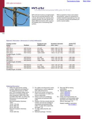 Terminations Index      Main Index
      URD cable terminations

                                                HVT-J/SJ
                                                    1/C unjacketed and jacketed URD cable (15–35 kV)


                                                HVT-J/SJ terminations are lightweight.      RUS accepted for indoor and outdoor
                                                They can be mounted directly to fuse        terminations - Indoor (in enclosure) or
                                                cutouts, eliminating the need for extra     outdoor (weather-exposed) use. For use
                                                support brackets. As with all HVT kits,     on concentric neutral and jacketed con-
                                                these URD terminations offer superior       centric neutral cables.
                                                UV stability and a nontracking outer
                                                surface.




110




      Selection information (dimensions in inches/millimeters)

      Catalog number                                     Conductor size           Insulation diameter             Jacket O.D.
      Indoor                       Outdoor               (AWG/kcmil)              (min.–max.)                     (max.)
      15 kV
      HVT-151-J                    HVT-151-SJ            #2–3/0                   0.65–1.00   (17–25)             1.45   (37)
      HVT-152-J                    HVT-152-SJ            4/0–350                  0.85–1.40   (22–36)             1.85   (47)
      HVT-153-J                    HVT-153-SJ            500–1000                 1.15–1.70   (29–43)             2.20   (56)
      HVT-154-J                    HVT-154-SJ            1250–2000                1.60–2.15   (41–55)             2.70   (69)
      Installed length: 15 (381)
      25 kV
      HVT-252-J                    HVT-252-SJ            #2–400                   0.85–1.40 (22–36)               1.80 (46)
      HVT-253-J                    HVT-253-SJ            400–1000                 1.25–1.80 (32–46)               2.50 (64)
      HVT-254-J                    HVT-254-SJ            1000–1500                1.60–2.10 (41–53)               2.70 (69)
      Installed length: 26 (660)
      35 kV
      HVT-352-J                    HVT-352-SJ            #1–250                   1.05–1.40 (27–36)               1.90 (48)
      HVT-353-J                    HVT-353-SJ            250–1250                 1.25–2.10 (32–53)               2.60 (66)
      HVT-354-J                    HVT-354-SJ            1500–2000                2.00–2.70 (51–69)               3.30 (84)
      Installed length: 33 (838)




      Ordering Information
       1. Select the appropriate catalog         2. For cables manufactured to other         8. See page 96 for testing
          number. Selections are based on           specifications, confirm selection           information.
          the typical dimensions of 100%-           with cable dimensions.                   9. Related test reports:
          and 133%-insulated cables manu-        3. Kits do not contain connectors;                     EDR-5218
                                                                                                 15 kV: EDR-5218
          factured in accordance with the           order compression or solder con-                    EDR-5219
                                                                                                 25 kV: EDR-5219
          data contained in AEIC CS5-1987           nectors separately.                                 EDR-5222
                                                                                                 35 kV: EDR-5222
          and AEIC CS6-1987, as well as the      4. Indoor (-J) kits are suitable for       10. Cable mounting brackets are
          dimensions of commonly used               unjacketed and jacketed URD                 available to accommodate cable
          connectors.                               cable.                                      diameters from 0.80-2.40" (20-
          Nominal insulation thickness           5. Outdoor (-SJ) kits include skirts for       46mm). See page 113.
          100%:                                     outdoor use and are suitable for             Related installation instructions
          15 kV: 175 mils                           unjacketed and jacketed URD                                  HVT 15-35kV-J
          25 kV: 260 mils                           cable. To order skirts separately,
          35 kV: 345 mils                           see page 116.
          Nominal insulation thickness           6. To order cable prep kits, see
          133%:                                     page 87.
          15 kV: 220 mils                        7. Standard package: 1 kit/box.
 