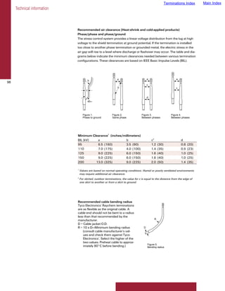 Terminations Index      Main Index
     Technical information



                             Recommended air clearance (Heat-shrink and cold-applied products)
                             Phase/phase and phase/ground
                             The stress control system provides a linear voltage distribution from the lug at high
                             voltage to the shield termination at ground potential. If the termination is installed
                             too close to another phase termination or grounded metal, the electric stress in the
                             air gap will rise to a level where discharge or flashover may occur. The table and dia-
                             grams below indicate the minimum clearances needed between various termination
                             configurations. These clearances are based on IEEE Basic Impulse Levels (BIL).




                                                               d                         a                       a
                                          b
98
                                                                                         c
                                                                b                                                c
                                      c

                                                                                         d
                                          45∞




                                   Figure 1.               Figure 2.               Figure 3.                  Figure 4.
                                   Phase to ground         Same phase              Between phases             Between phases




                             Minimum Clearance1 (inches/millimeters)
                             BIL (kV)   a                 b                                  c2                      d
                             95         6.5 (160)         3.5 (90)                           1.2   (30)              0.8   (20)
                             110        7.0 (175)         4.0 (100)                          1.4   (35)              0.9   (23)
                             125        9.0 (225)         6.0 (150)                          1.6   (40)              1.0   (25)
                             150        9.0 (225)         6.0 (150)                          1.6   (40)              1.0   (25)
                             200       13.0 (325)         9.0 (225)                          2.0   (50)              1.4   (35)

                             1
                                 Values are based on normal operating conditions. Humid or poorly ventilated environments
                                 may require additional air clearance.
                             2
                                 For skirted, outdoor terminations, the value for c is equal to the distance from the edge of
                                 one skirt to another or from a skirt to ground.




                             Recommended cable bending radius
                             Tyco Electronics’ Raychem terminations
                             are as flexible as the original cable. A
                             cable end should not be bent to a radius
                             less than that recommended by the
                                                                                              R
                             manufacturer.
                             D = Cable jacket O.D.
                             R = 10 x D—Minimum bending radius                       D
                                 (consult cable manufacturer’s val-
                                 ues and check them against Tyco
                                 Electronics’. Select the higher of the
                                 two values. Preheat cable to approx-
                                                                                         Figure 5.
                                 imately 80°C before bending.)                           Bending radius
 