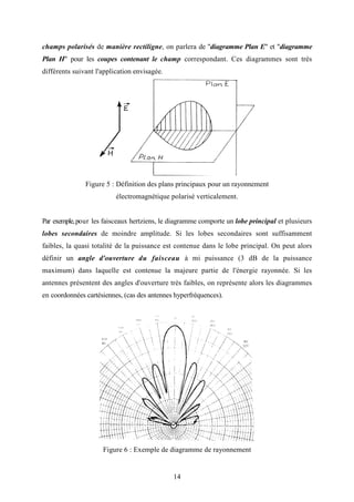 14
champs polarisés de manière rectiligne, on parlera de "diagramme Plan E" et "diagramme
Plan H" pour les coupes contenant le champ correspondant. Ces diagrammes sont très
différents suivant l'application envisagée.
Figure 5 : Définition des plans principaux pour un rayonnement
électromagnétique polarisé verticalement.
Par exemple,pour les faisceaux hertziens, le diagramme comporte un lobe principal et plusieurs
lobes secondaires de moindre amplitude. Si les lobes secondaires sont suffisamment
faibles, la quasi totalité de la puissance est contenue dans le lobe principal. On peut alors
définir un angle d'ouverture du faisceau à mi puissance (3 dB de la puissance
maximum) dans laquelle est contenue la majeure partie de l'énergie rayonnée. Si les
antennes présentent des angles d'ouverture très faibles, on représente alors les diagrammes
en coordonnées cartésiennes, (cas des antennes hyperfréquences).
Figure 6 : Exemple de diagramme de rayonnement
 