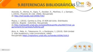 9.REFERENCIAS BIBLIOGRÁFICAS
Acevedo, S., Alonso, N., Egea, T., Escobar, S., Martínez, C. y Samper,
L.(2016). Proyecto de vida. UNAD. Recuperado
de http://hdl.handle.net/10596/7363
Mojica, J. (2016). Cambia tu Chip. El ADN del éxito. Distribooks
editores. Bogotá - Colombia. Recuperado
de http://campus02.unad.edu.co/ecedu09/pluginfile.php/6827/mod_pa
ge/content/31/cambiatu%20chip.pdf
Alvis, A., Melo, A., Tabarquino, D., y Zambrano, J, (2019). OVA Unidad
3: Vida académica y vida universitaria, UNAD.
Recuperado https://repository.unad.edu.co/handle/10596/31813
 