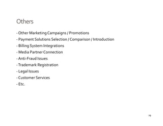 Others
‐ Other Marketing Campaigns / Promotions
‐ Payment Solutions Selection / Comparison / Introduction 
‐ Billing System Integrations
‐ Media Partner Connection
‐ Anti‐Fraud Issues
‐ Trademark Registration
‐ Legal Issues
‐ Customer Services
‐ Etc.




                                                             29
 