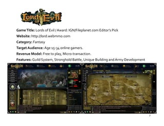Game Title: Lords of Evil / Award: IGN/Fileplanet.com Editor’s Pick
Website: http://lord.webmmo.com
Category: Fantasy
Target Audience: Age 15‐34 online gamers.
Revenue Model: Free to play, Micro‐transaction.
                       p y,
Features: Guild System, Stronghold Battle, Unique Building and Army Development 




                                                                                   7
 