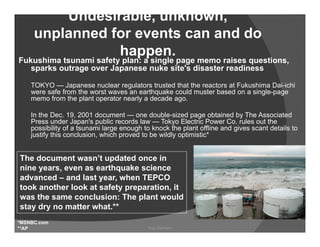 Undesirable, unknown,
     unplanned for events can and do
                happen.
                h
Fukushima tsunami safety plan: a single page memo raises questions,
   sparks outrage over Japanese nuke site's disaster readiness

    TOKYO — Japanese nuclear regulators trusted that the reactors at Fukushima Dai-ichi
    were safe from the worst waves an earthquake could muster based on a single-page
    memo from the plant operator nearly a decade ago.

    In the Dec. 19, 2001 document — one double-sized page obtained by The Associated
    Press under Japan's public records law — Tokyo Electric Power Co. rules out the
    possibility of a tsunami large enough to knock the plant offline and gives scant details to
    justify this conclusion, which proved to be wildly optimistic*


The document wasn’t updated once in
nine years, even as earthquake science
advanced – and last year, when TEPCO
took another look at safety preparation, it
was the same conclusion: The plant would
stay dry no matter what.**
*MSNBC.com
**AP                                       Ray Garrison
 