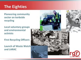 The Eighties Pioneering community sector on kerbside recycling Local voluntary groups and environmental activists First Recycling Officers  Launch of Waste Watch and LARAC  