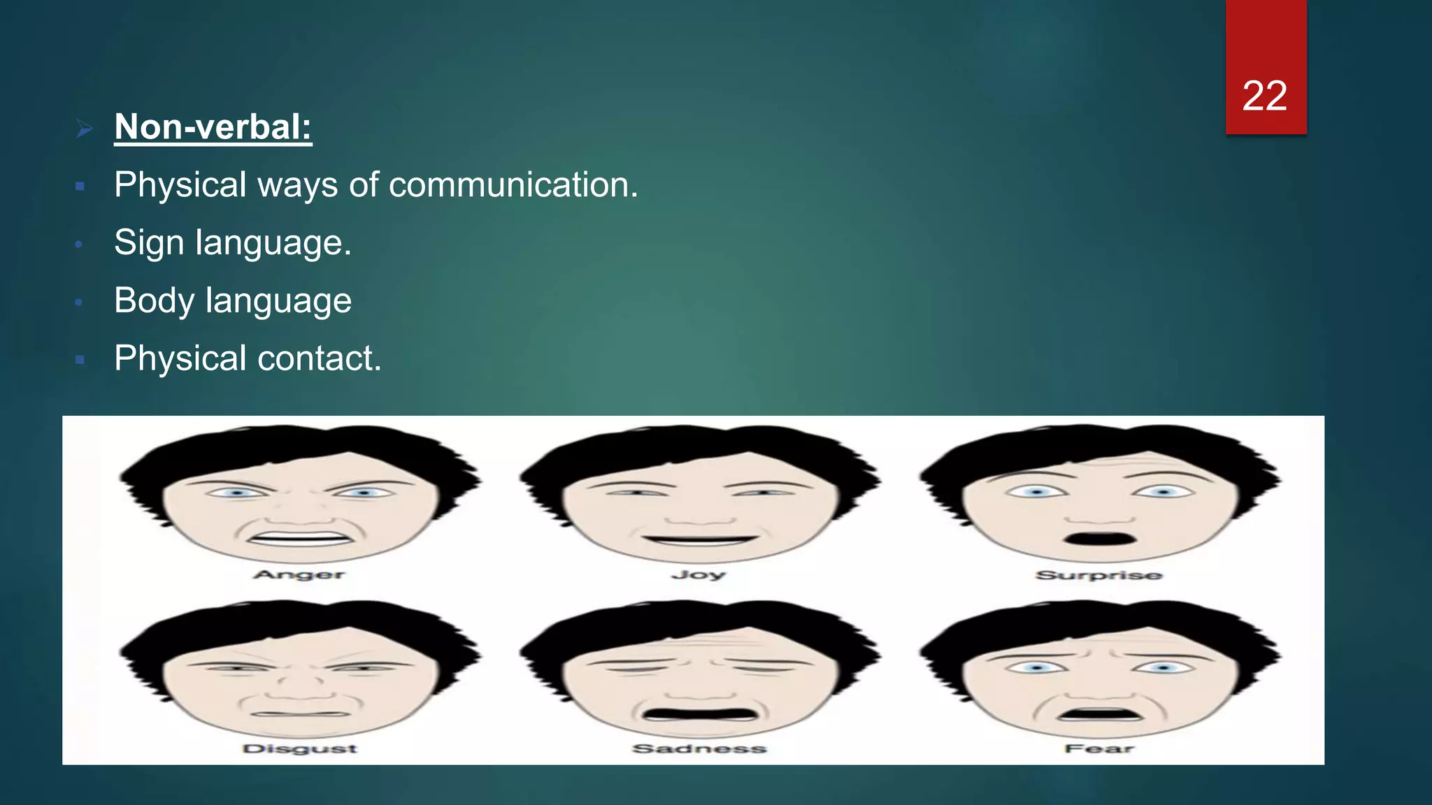  Non-verbal:
 Physical ways of communication.
• Sign language.
• Body language
 Physical contact.
22
 