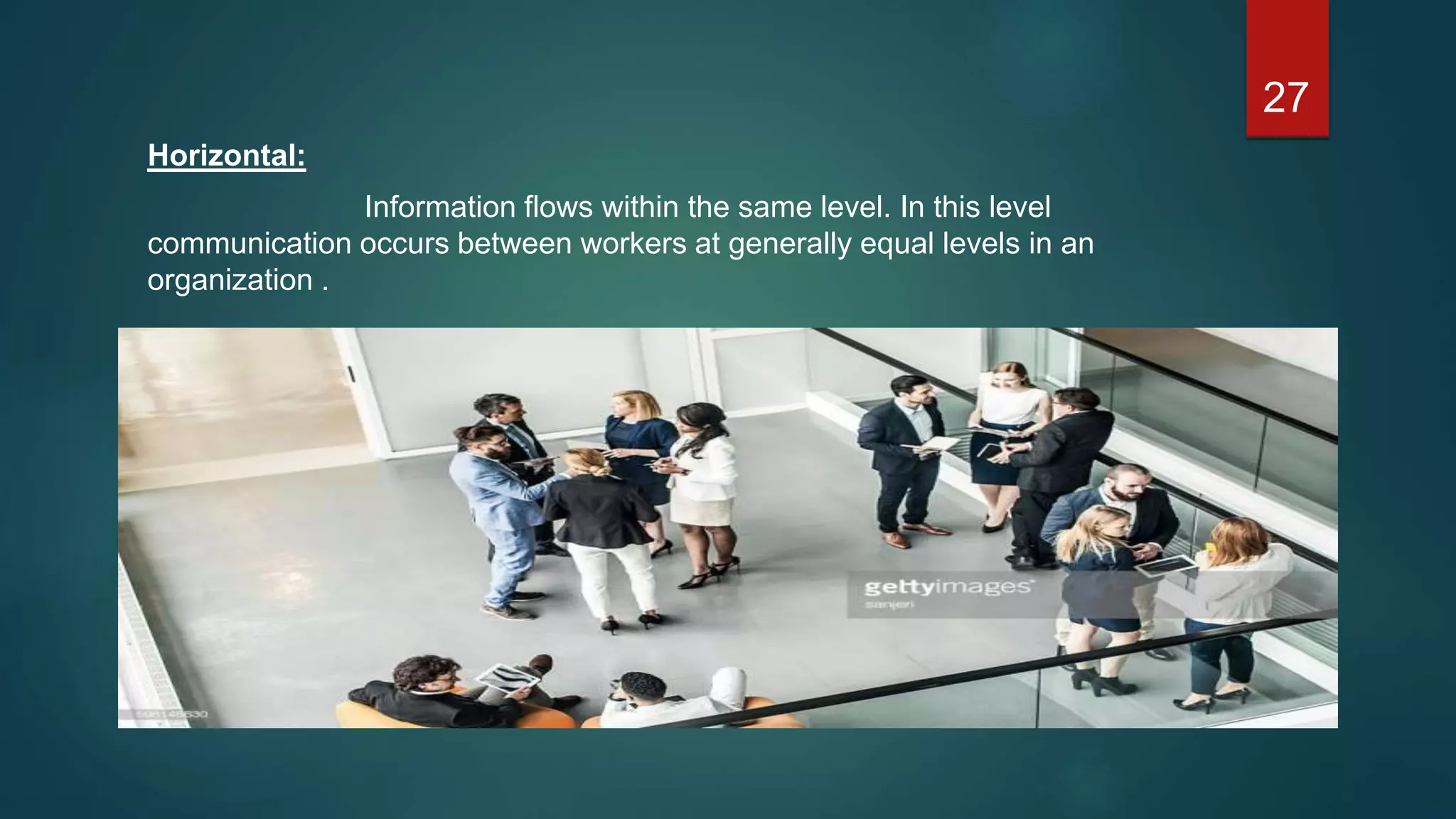 Horizontal:
Information flows within the same level. In this level
communication occurs between workers at generally equal levels in an
organization .
27
 