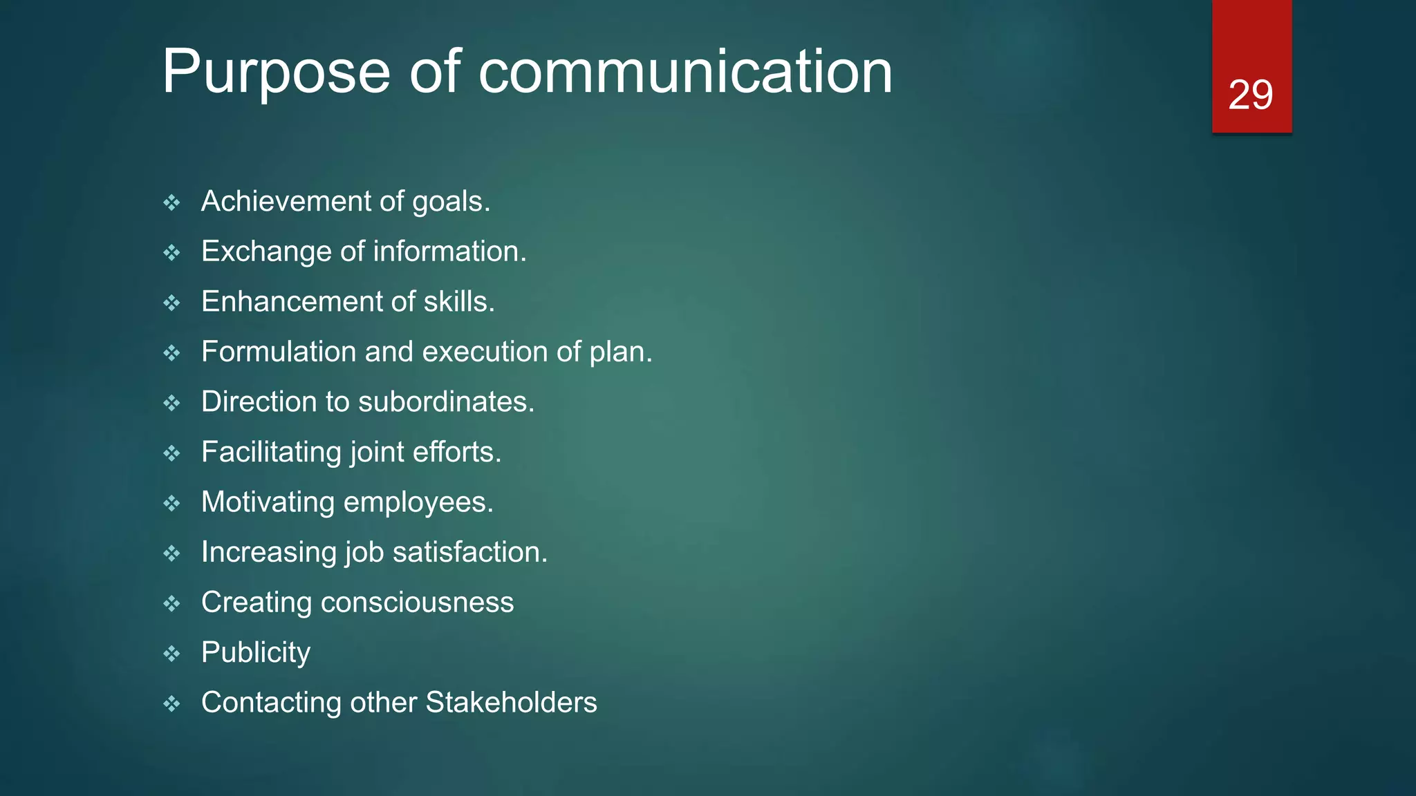 Purpose of communication
 Achievement of goals.
 Exchange of information.
 Enhancement of skills.
 Formulation and execution of plan.
 Direction to subordinates.
 Facilitating joint efforts.
 Motivating employees.
 Increasing job satisfaction.
 Creating consciousness
 Publicity
 Contacting other Stakeholders
29
 