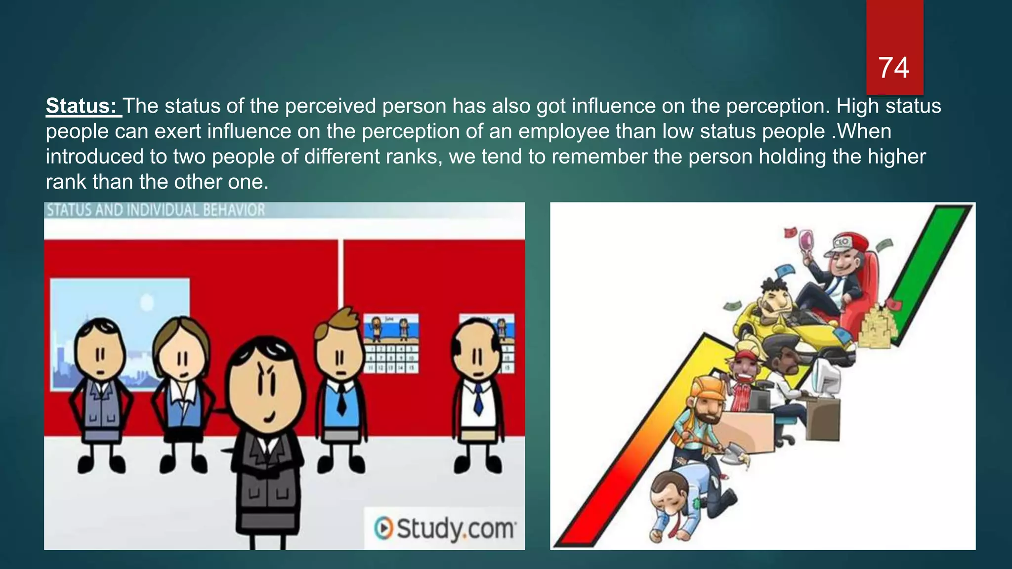 Status: The status of the perceived person has also got influence on the perception. High status
people can exert influence on the perception of an employee than low status people .When
introduced to two people of different ranks, we tend to remember the person holding the higher
rank than the other one.
74
 