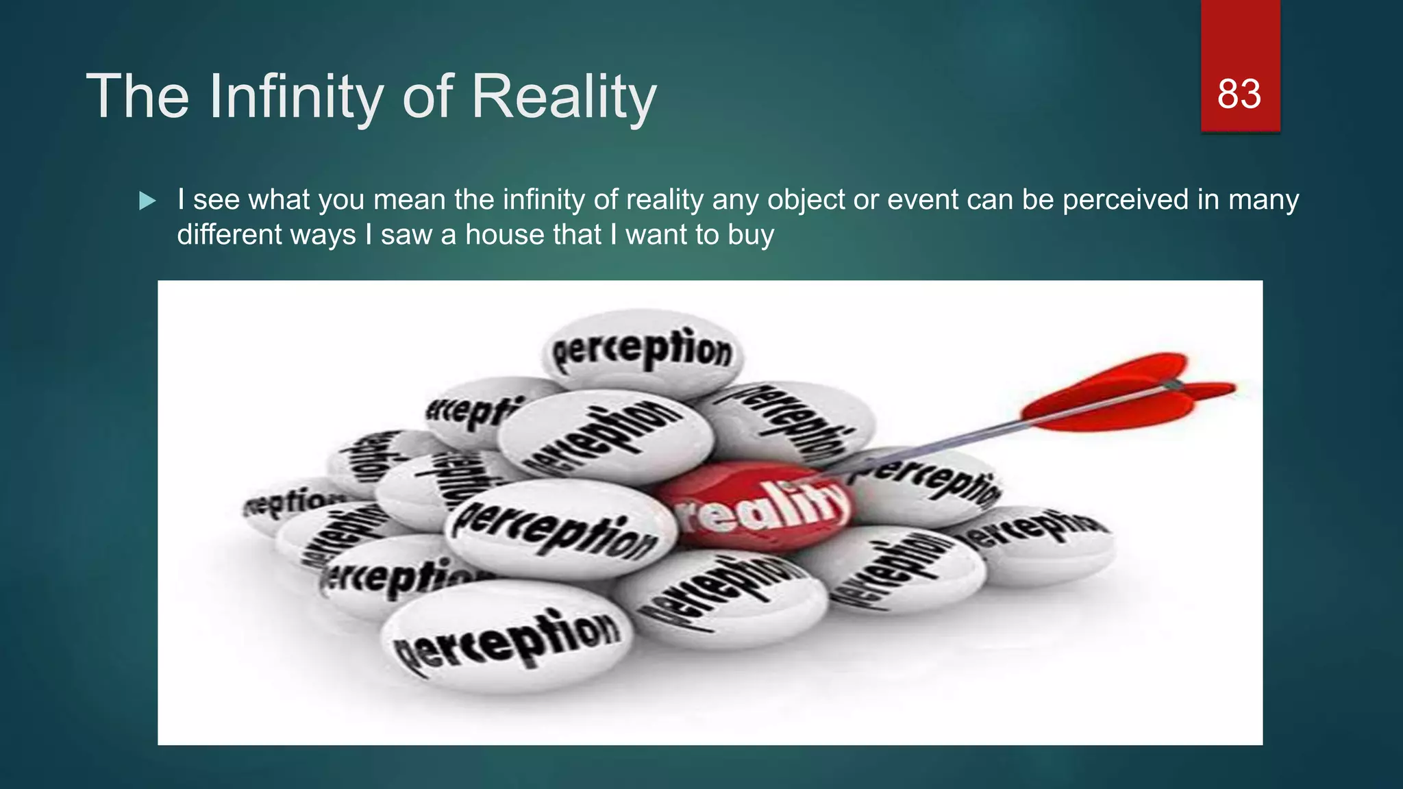 The Infinity of Reality
 I see what you mean the infinity of reality any object or event can be perceived in many
different ways I saw a house that I want to buy
83
 
