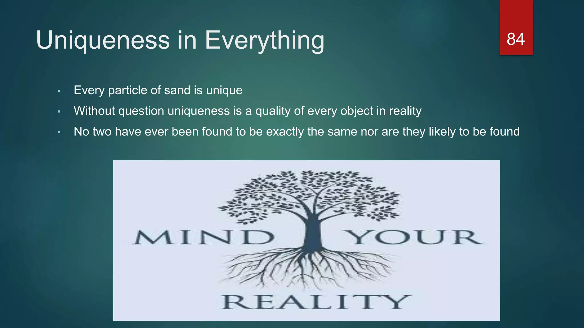 Uniqueness in Everything
• Every particle of sand is unique
• Without question uniqueness is a quality of every object in reality
• No two have ever been found to be exactly the same nor are they likely to be found
84
 
