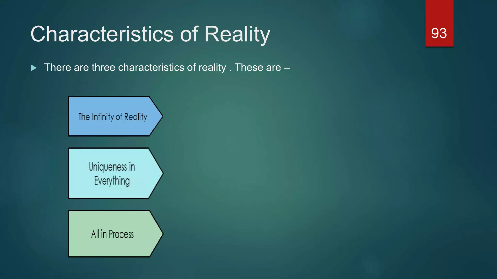 Characteristics of Reality
 There are three characteristics of reality . These are –
93
 