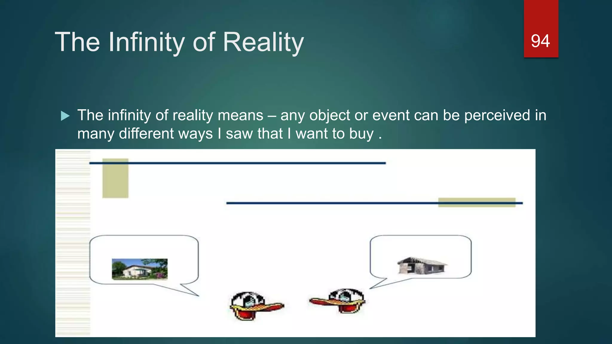 The Infinity of Reality
 The infinity of reality means – any object or event can be perceived in
many different ways I saw that I want to buy .
94
 