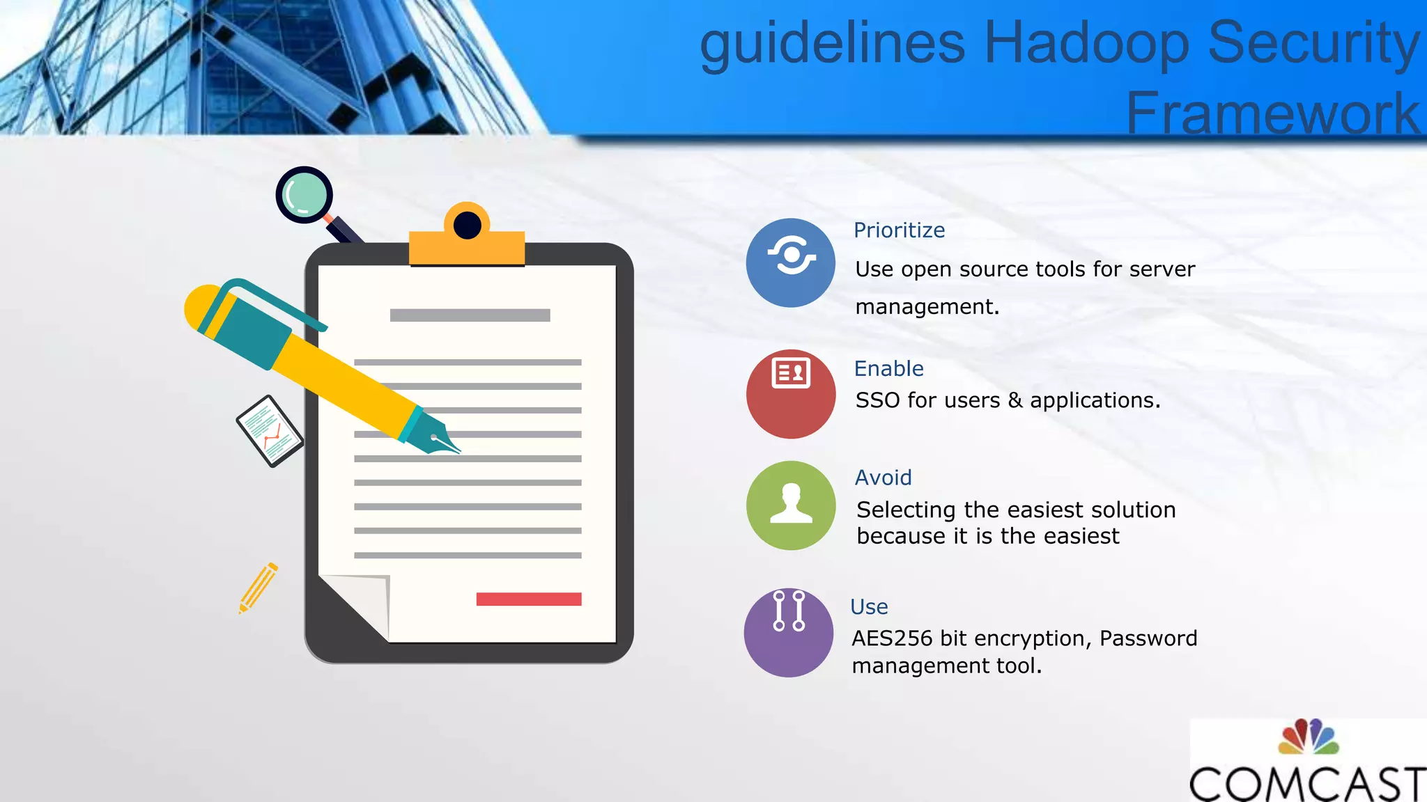 guidelines Hadoop Security
Framework
Use
AES256 bit encryption, Password
management tool.
Prioritize
Use open source tools for server
management.
Enable
SSO for users & applications.
Avoid
Selecting the easiest solution
because it is the easiest
 