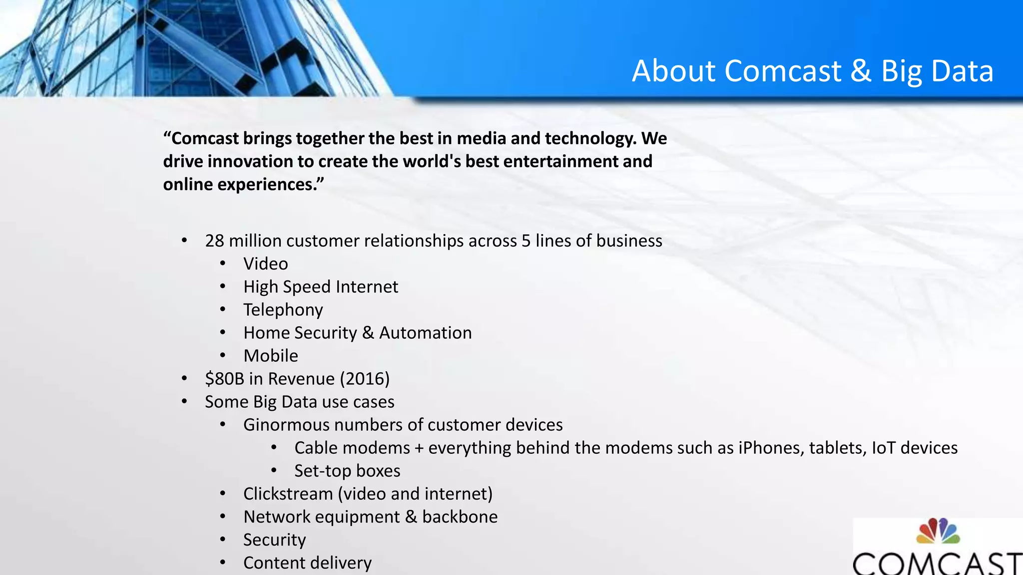 About Comcast & Big Data
“Comcast brings together the best in media and technology. We
drive innovation to create the world's best entertainment and
online experiences.”
• 28 million customer relationships across 5 lines of business
• Video
• High Speed Internet
• Telephony
• Home Security & Automation
• Mobile
• $80B in Revenue (2016)
• Some Big Data use cases
• Ginormous numbers of customer devices
• Cable modems + everything behind the modems such as iPhones, tablets, IoT devices
• Set-top boxes
• Clickstream (video and internet)
• Network equipment & backbone
• Security
• Content delivery
 