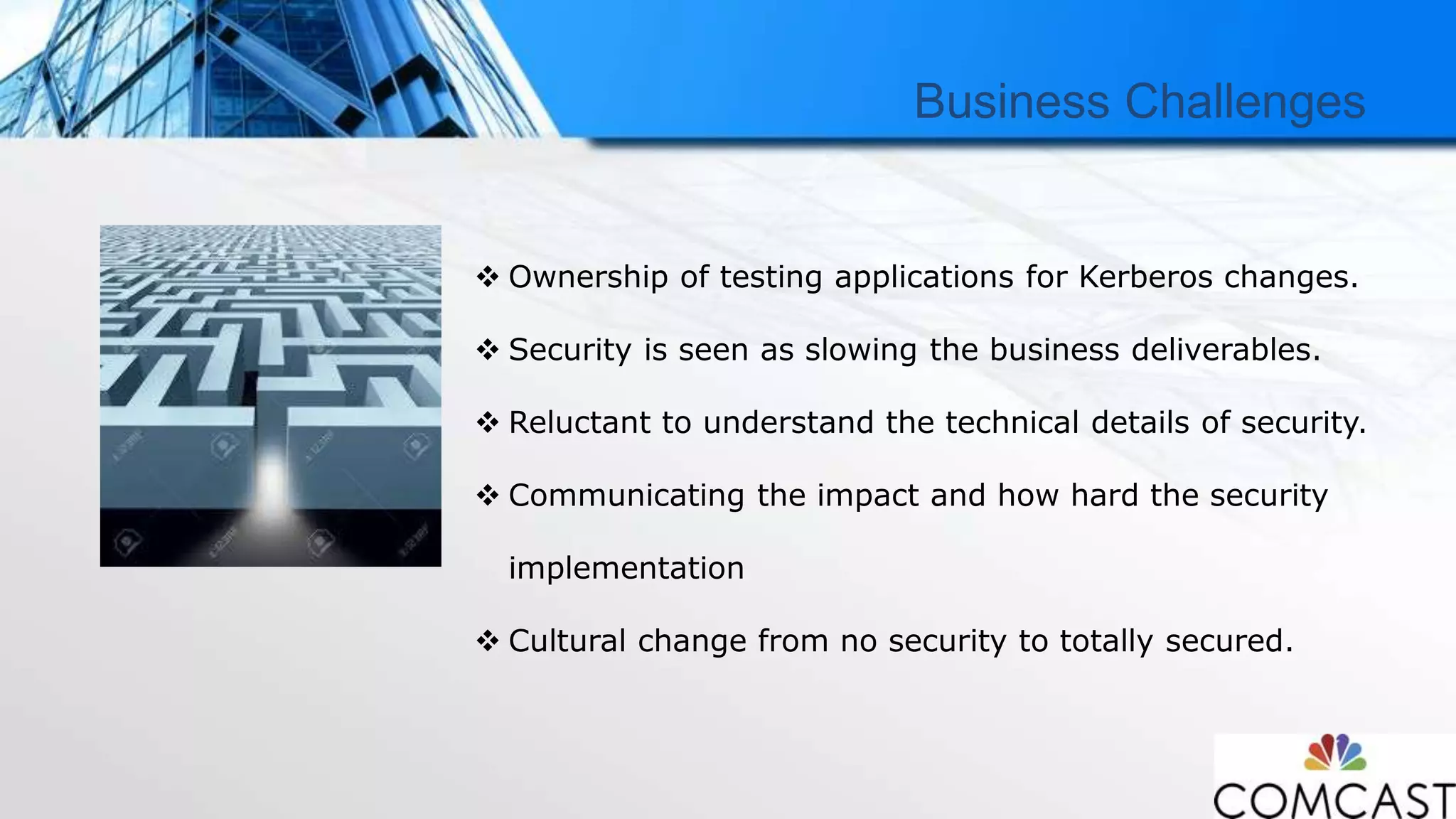 Business Challenges
 Ownership of testing applications for Kerberos changes.
 Security is seen as slowing the business deliverables.
 Reluctant to understand the technical details of security.
 Communicating the impact and how hard the security
implementation
 Cultural change from no security to totally secured.
 