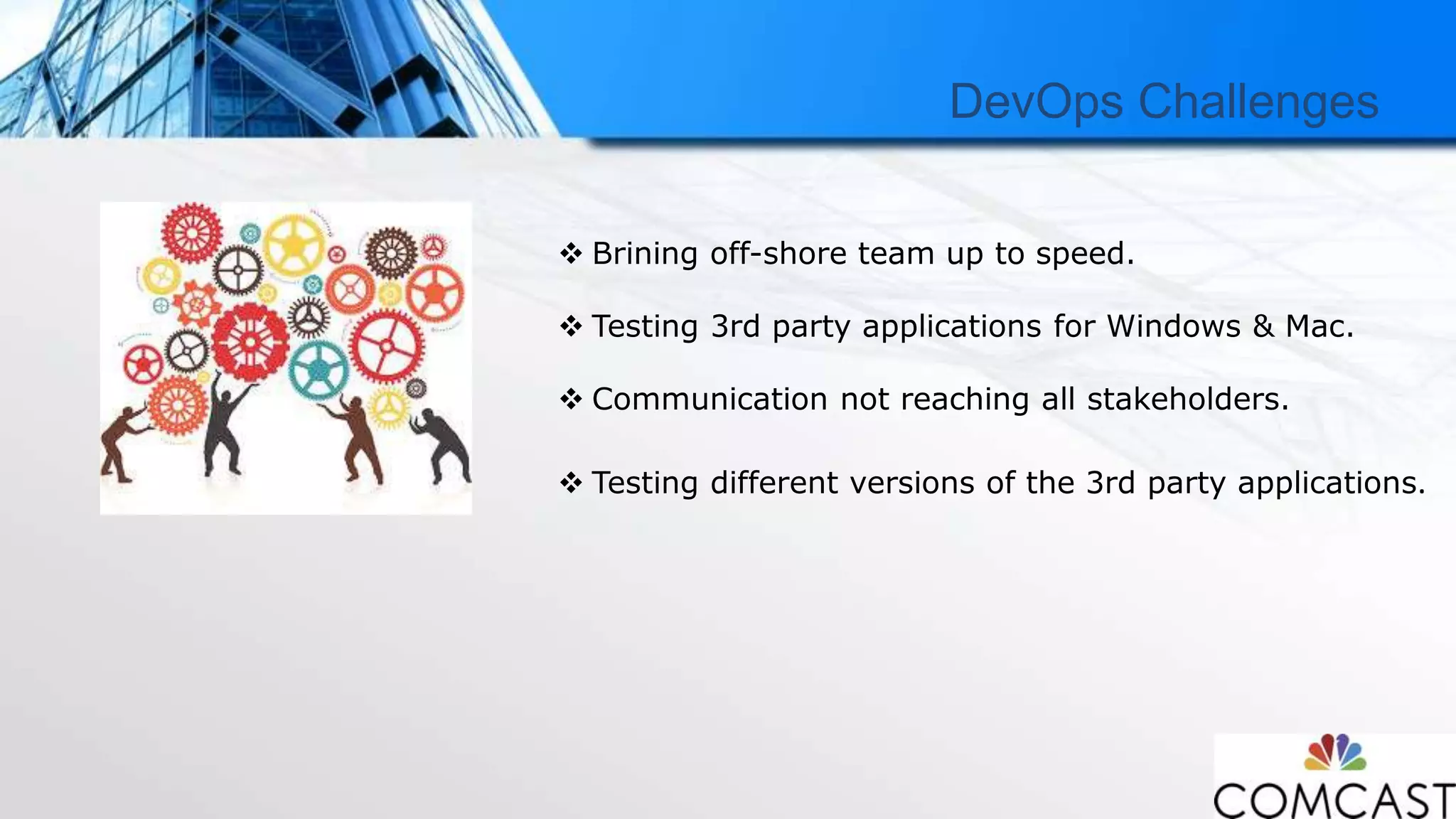DevOps Challenges
 Brining off-shore team up to speed.
 Testing 3rd party applications for Windows & Mac.
 Communication not reaching all stakeholders.
 Testing different versions of the 3rd party applications.
 
