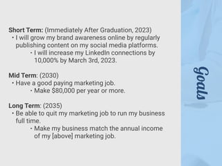 Goal
s
Short Term: (Immediately After Graduation, 2023)


• I will grow my brand awareness online by regularly
publishing content on my social media platforms.


‣ I will increase my LinkedIn connections by
10,000% by March 3rd, 2023.


Mid Term: (2030)


• Have a good paying marketing job.


‣ Make $80,000 per year or more.


Long Term: (2035)


• Be able to quit my marketing job to run my business
full time.


‣ Make my business match the annual income
of my [above] marketing job.
 