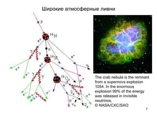 Широкие атмосферные ливни The crab nebula is the remnant from a supernova explosion 1054. In the enormous explosion 99% of the energy was released in invisible neutrinos. © NASA/CXC/SAO  