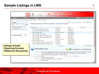 Sample Listings in LMS                                8




Listings include:
 Listings include:
••Elearning Courses
  Elearning Courses
••Reference Documents
  Reference Documents




                        © Copyright 2011 Ray Magnan
 