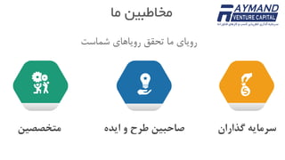 ‫ما‬ ‫مخاطبین‬
‫شماست‬ ‫رویاهای‬ ‫تحقق‬ ‫ما‬ ‫رویای‬
‫گذاران‬ ‫سرمایه‬‫ایده‬ ‫و‬ ‫طرح‬ ‫صاحبین‬‫متخصصین‬
 