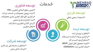 ‫خدمات‬‫فناوری‬ ‫توسعه‬
‫فناوری‬ ‫آمادگی‬ ‫سطح‬ ‫تعیین‬(TRL)
‫و‬ ‫محصوالت‬ ‫پژوهی‬ ‫آینده‬‫شرکت‬ ‫خدمات‬
‫فکر‬ ‫اتاق‬ ‫برگزاری‬‫تجاری‬‫سازی‬‫محصوالت‬
‫ثبت‬‫طرح‬ ‫و‬ ‫اختراع‬‫صنعتی‬
‫و‬ ‫فناوری‬ ‫گذاری‬ ‫ارزش‬‫استارتاپ‬
‫انتقال‬‫فناوری‬
‫شرکت‬ ‫توسعه‬
‫تیم‬ ‫سازماندهی‬ ‫و‬ ‫تشکیل‬‫کاری‬
‫بنیان‬ ‫دانش‬ ‫شرکت‬
‫فردی‬ ‫توسعه‬
‫شغلی‬ ‫سنجی‬ ‫استعداد‬
‫ایده‬ ‫توسعه‬
‫پرورش‬ ‫و‬ ‫تحلیل‬‫ایده‬
‫اپ‬ ‫استارت‬ ‫رویداد‬ ‫برگزاری‬‫ویکند‬
‫استخراج‬‫کار‬ ‫و‬ ‫کسب‬ ‫بوم‬
‫قبول‬ ‫قابل‬ ‫محصول‬ ‫کمینه‬(MVP)
‫ایده‬ ‫گذاری‬ ‫صحه‬(Validation)
 