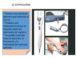 EL ESTIMULADOR
Genera una corriente
eléctrica que estimula al
nervio.
Produce una
respuesta local que se
trasmite hasta los
electrodos de registro.
Se puede controlar
tanto la duración, la
frecuencia y la
intensidad del estimulo
aplicado
 