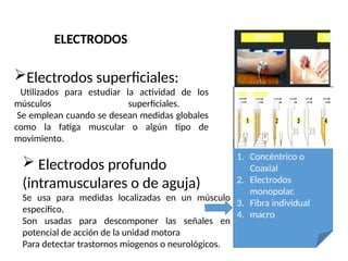 ELECTRODOS
Electrodos superficiales:
Utilizados para estudiar la actividad de los
músculos superficiales.
Se emplean cuando se desean medidas globales
como la fatiga muscular o algún tipo de
movimiento.
 Electrodos profundo
(intramusculares o de aguja)
Se usa para medidas localizadas en un músculo
especifico.
Son usadas para descomponer las señales en
potencial de acción de la unidad motora
Para detectar trastornos miogenos o neurológicos.
1. Concéntrico o
Coaxial
2. Electrodos
monopolar.
3. Fibra individual
4. macro
 