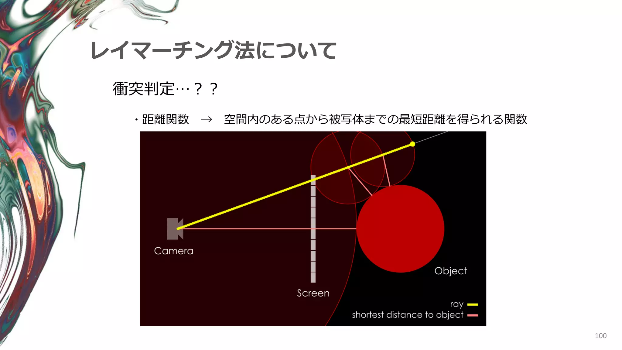 100
レイマーチング法について
衝突判定…？？
・距離関数 → 空間内のある点から被写体までの最短距離を得られる関数
 