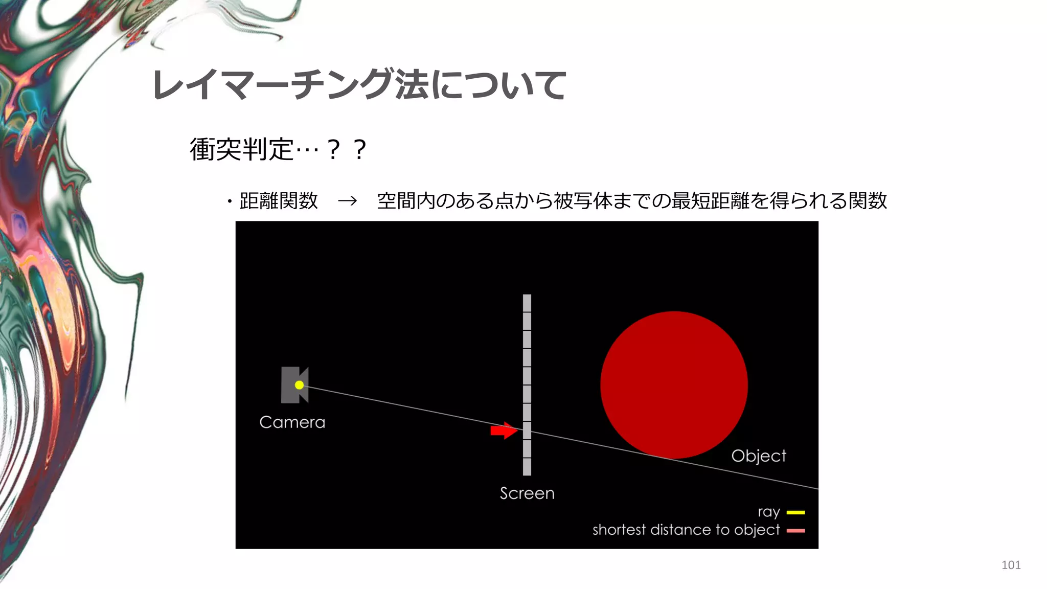 101
レイマーチング法について
衝突判定…？？
・距離関数 → 空間内のある点から被写体までの最短距離を得られる関数
 