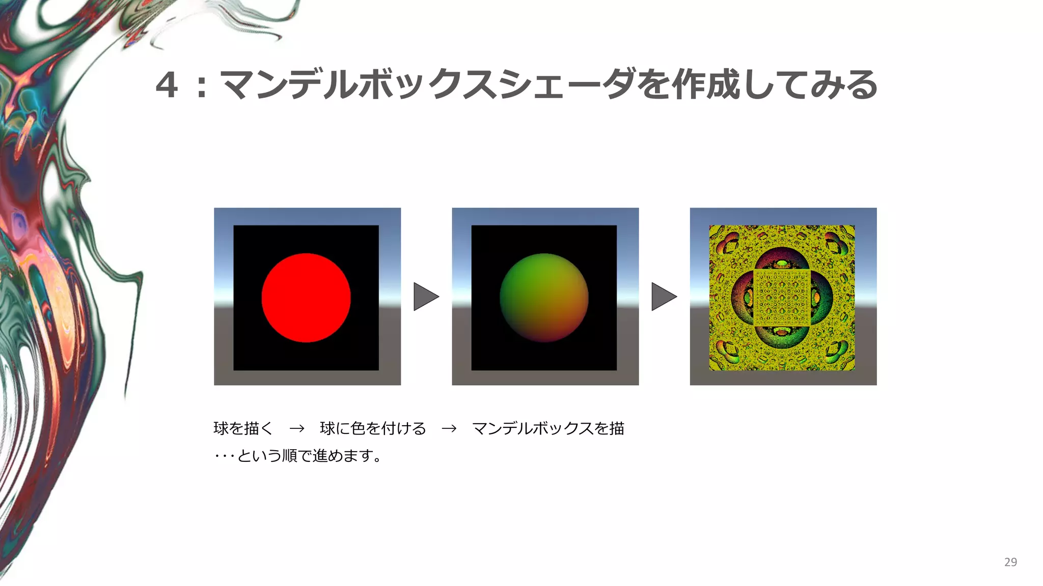 29
４：マンデルボックスシェーダを作成してみる
球を描く → 球に色を付ける → マンデルボックスを描
･･･という順で進めます。
 