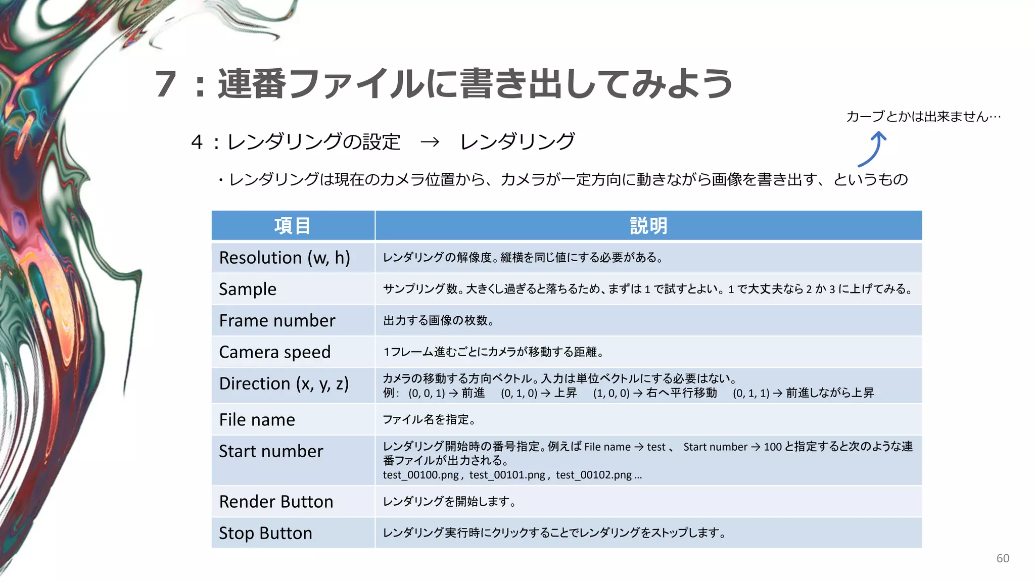 60
７：連番ファイルに書き出してみよう
４：レンダリングの設定 → レンダリング
・レンダリングは現在のカメラ位置から、カメラが一定方向に動きながら画像を書き出す、というもの
カーブとかは出来ません…
項目 説明
Resolution (w, h) レンダリングの解像度。縦横を同じ値にする必要がある。
Sample サンプリング数。大きくし過ぎると落ちるため、まずは 1 で試すとよい。 1 で大丈夫なら 2 か 3 に上げてみる。
Frame number 出力する画像の枚数。
Camera speed １フレーム進むごとにカメラが移動する距離。
Direction (x, y, z) カメラの移動する方向ベクトル。入力は単位ベクトルにする必要はない。
例： (0, 0, 1) → 前進 (0, 1, 0) → 上昇 (1, 0, 0) → 右へ平行移動 (0, 1, 1) → 前進しながら上昇
File name ファイル名を指定。
Start number レンダリング開始時の番号指定。例えば File name → test 、 Start number → 100 と指定すると次のような連
番ファイルが出力される。
test_00100.png , test_00101.png , test_00102.png …
Render Button レンダリングを開始します。
Stop Button レンダリング実行時にクリックすることでレンダリングをストップします。
 