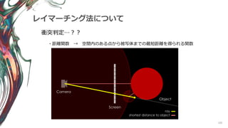 105
レイマーチング法について
衝突判定…？？
・距離関数 → 空間内のある点から被写体までの最短距離を得られる関数
 