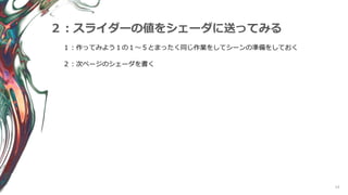 14
２：スライダーの値をシェーダに送ってみる
１：作ってみよう１の１～５とまったく同じ作業をしてシーンの準備をしておく
２：次ページのシェーダを書く
 