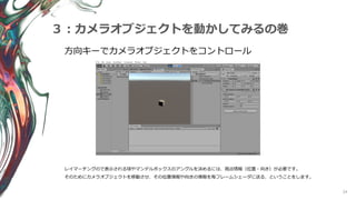 24
３：カメラオブジェクトを動かしてみるの巻
方向キーでカメラオブジェクトをコントロール
レイマーチングので表示される球やマンデルボックスのアングルを決めるには、視点情報（位置・向き）が必要です。
そのためにカメラオブジェクトを移動させ、その位置情報や向きの情報を毎フレームシェーダに送る、ということをします。
 